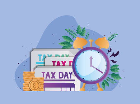 Tax day documents clock coins and leaves of financial accounting form revenue finance government income taxation refound and paying theme Vector illustrationのイラスト素材