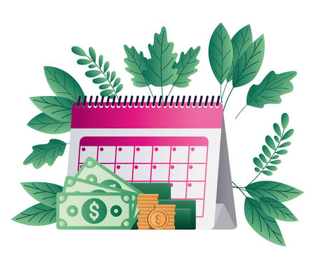 Tax day calendar bills and coins of financial accoounting form revenue finance government income taxation refound and paying theme Vector illustrationのイラスト素材