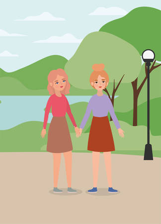 Women holding hands at park design of empowerment female power feminist people gender feminism young rights protest and strong theme Vector illustrationのイラスト素材