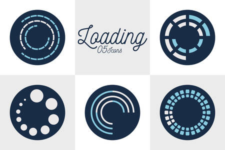 5 loading circles block style icon set design, Progress upload interface download website internet digital and downloading theme Vector illustrationのイラスト素材