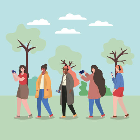 Girls with smartphones at park design, Youth culture people cool person human profile and user theme Vector illustrationのイラスト素材