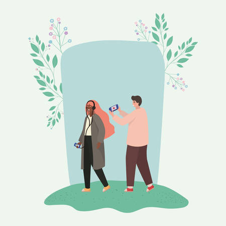 Girl and boy with smartphones and leaves design, Youth culture people cool person human profile and user theme Vector illustrationのイラスト素材