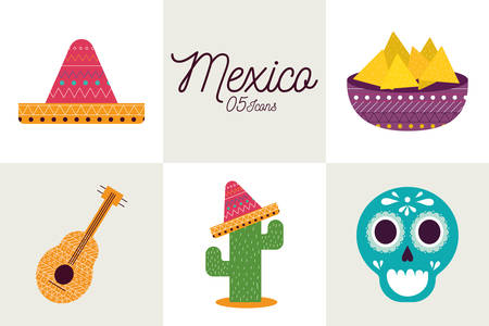 5 Mexican flat style icon set design, Mexico culture tourism landmark latin and party theme Vector illustrationのイラスト素材