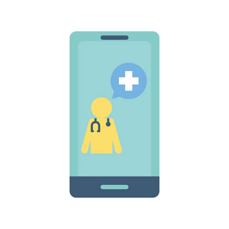 doctor with cross bubble inside smartphone flat style icon design of Health online medical care emergency aid exam clinic and patient theme Vector illustrationのイラスト素材