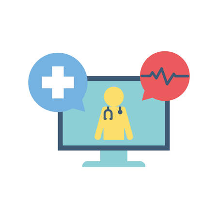 Avatar doctor with stethoscope inside computer flat style icon design of Health online medical care emergency aid exam clinic and patient theme Vector illustrationのイラスト素材