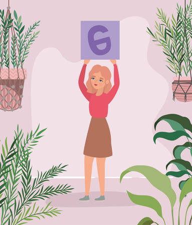 Woman with banner leaves and plants design of Women empowerment female power feminist people gender feminism young rights protest and strong theme Vector illustrationのイラスト素材