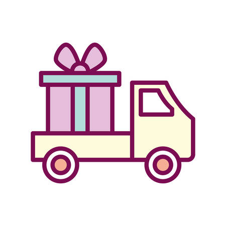 Gift over truck line and fill style icon design, happy birthday celebration decoration party festive and surprise theme Vector illustrationのイラスト素材