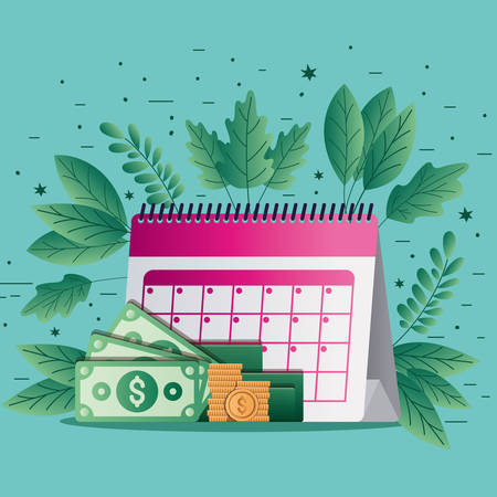 Tax day calendar bills and coins of financial accoounting form revenue finance government income taxation refound and paying theme Vector illustrationのイラスト素材