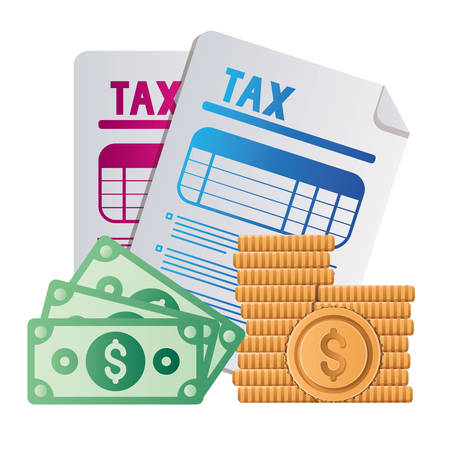 Tax documents bills and coins of financial accoounting form revenue finance government income taxation refound and paying theme Vector illustrationのイラスト素材