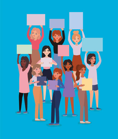 Women avatars holding banners design of empowerment female power feminist people gender feminism young rights protest and strong theme Vector illustrationのイラスト素材