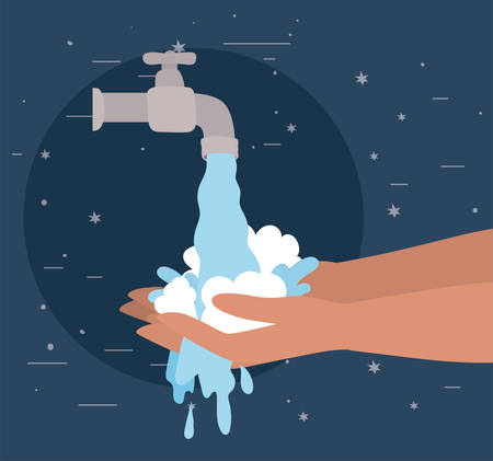 Hands washing under water tap design, Hygiene wash health clean healthy bacteria bathroom protection and liquid theme Vector illustrationのイラスト素材