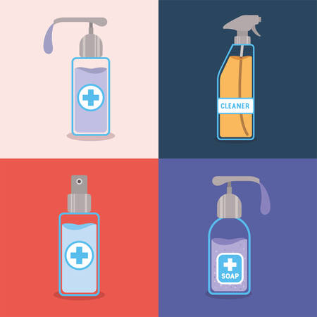 Soap dispensers and alcohol spray bottle with cross design, Hygiene wash health clean healthy bacteria bathroom protection and liquid theme Vector illustrationのイラスト素材