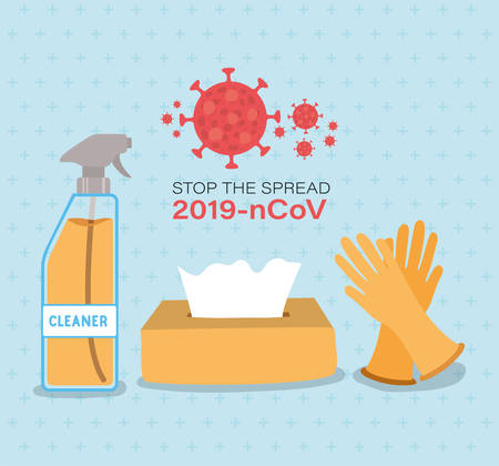 Cleaner spray tissues box and gloves for stop the spread 2019 ncov virus design of Covid 19 epidemic disease symptoms and medical theme Vector illustrationのイラスト素材