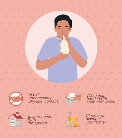 Avatar man with 2019 ncov virus prevention typs design of Covid 19 cov coronavirus infection corona epidemic disease symptoms and medical theme Vector illustrationのイラスト素材