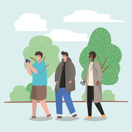 Boys with smartphones at park design, Youth culture people cool person human profile and user theme Vector illustrationのイラスト素材