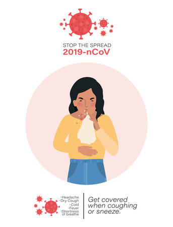 Avatar woman with covid 19 virus coughing holding tissue design of 2019 ncov cov coronavirus infection corona epidemic disease symptoms and medical theme Vector illustrationのイラスト素材