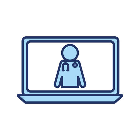 Avatar doctor with stethoscope inside laptop line and fill style icon of Health online medical care emergency aid exam clinic and patient theme Vector illustrationのイラスト素材