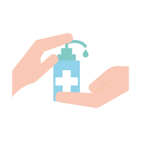 Hands and bottle with cross flat style icon design of Medical care hygiene health emergency aid exam clinic and patient theme Vector illustrationのイラスト素材