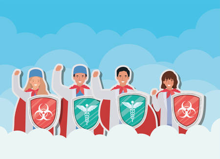 women and men doctors heroes with cape and shield against 2019 ncov virus design of Covid 19 epidemic disease symptoms and medical theme Vector illustrationのイラスト素材