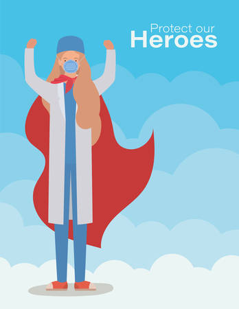 woman doctor hero with cape against 2019 ncov virus design of Covid 19 cov infection corona epidemic disease symptoms and medical theme Vector illustrationのイラスト素材