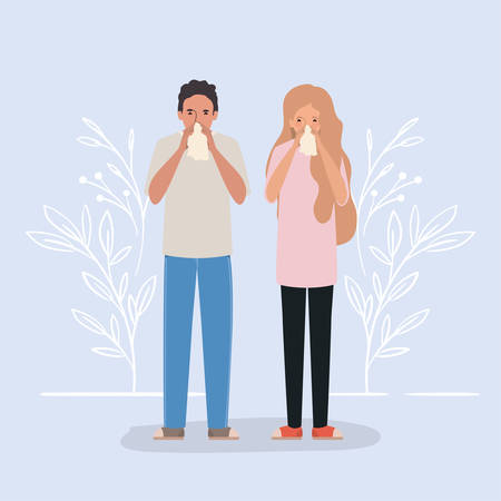 Man and woman with cold holding tissue design of Medical care hygiene health emergency aid exam clinic and patient theme Vector illustrationのイラスト素材