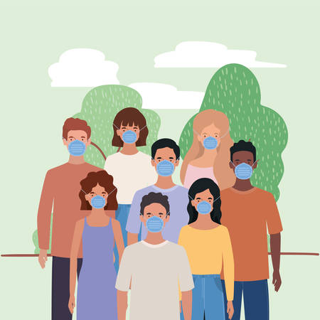 Men and women with masks clouds and trees design of Medical care hygiene health emergency aid exam clinic and patient theme Vector illustrationのイラスト素材