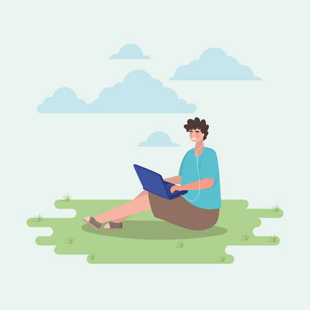 Boy with laptop design, Youth culture people cool person human profile and user theme Vector illustrationのイラスト素材