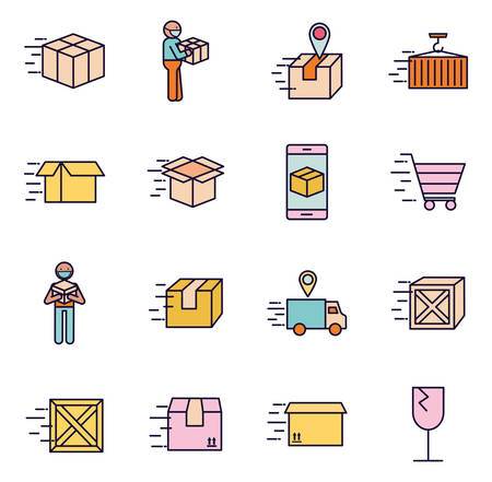 Line and fill style icon set design, Fast delivery logistics transportation shipping service warehouse industry and global theme Vector illustrationのイラスト素材