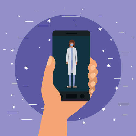Hand holding smartphone with woman doctor with uniform and mask design of Medical care health emergency aid exam clinic and patient theme Vector illustrationのイラスト素材