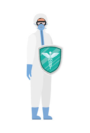 Doctor with protective suit and shield against 2019 ncov virus design of Covid 19 cov infection disease symptoms and medical theme Vector illustrationのイラスト素材