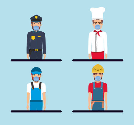 Men workers with masks against 2019 ncov virus design of Covid 19 cov infection disease symptoms and medical theme Vector illustrationのイラスト素材