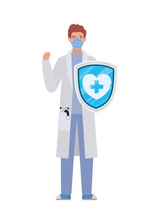 man doctor hero with shield against 2019 ncov virus design of Covid 19 cov infection disease symptoms and medical theme Vector illustrationのイラスト素材