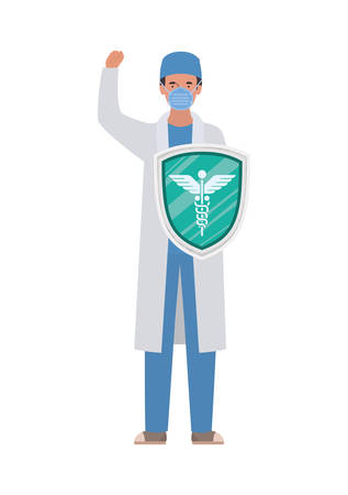 man doctor hero with shield against 2019 ncov virus design of Covid 19 cov infection disease symptoms and medical theme Vector illustrationのイラスト素材