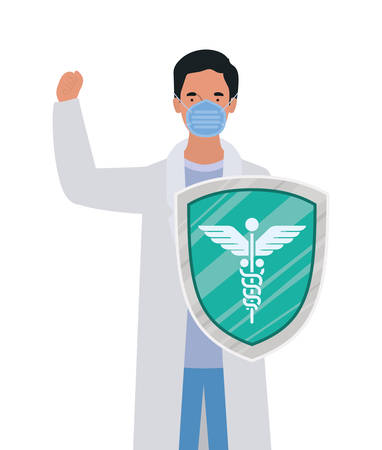 man doctor hero with shield against 2019 ncov virus design of Covid 19 cov infection disease symptoms and medical theme Vector illustrationのイラスト素材