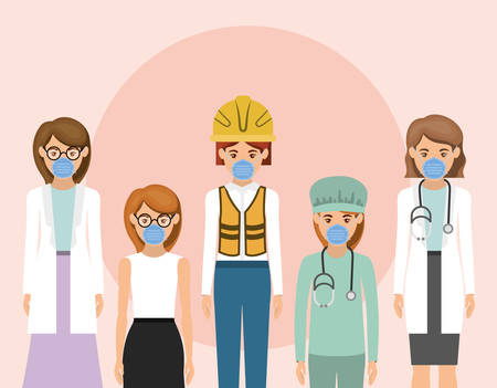 Women workers with masks against 2019 ncov virus design of Covid 19 cov infection disease symptoms and medical theme Vector illustrationのイラスト素材