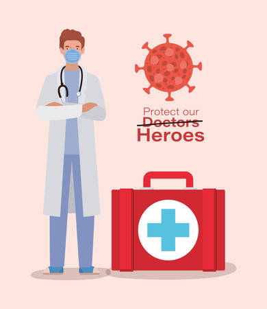 man doctor hero with medical kit against 2019 ncov virus design of Covid 19 cov infection disease symptoms and medical theme Vector illustrationのイラスト素材