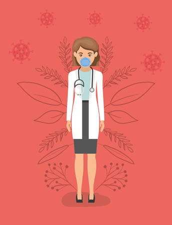 Woman doctor with mask and uniform against 2019 ncov virus design of Covid 19 cov infection disease symptoms and medical theme Vector illustrationのイラスト素材