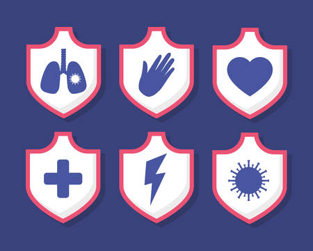 Covid 19 virus icons inside shields design of 2019 ncov cov coronavirus infection corona epidemic disease symptoms and medical theme Vector illustrationのイラスト素材