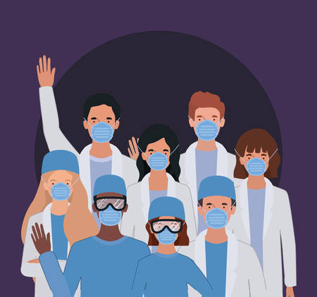 Men and women doctors with uniforms masks and glasses design of Medical care health emergency aid exam clinic and patient theme Vector illustrationのイラスト素材