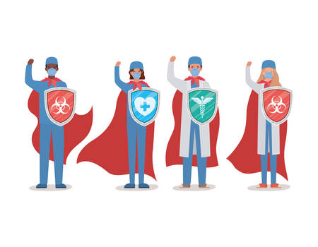women and men doctors heroes with capes and shields against 2019 ncov virus design of Covid 19 cov infection and medical theme Vector illustrationのイラスト素材