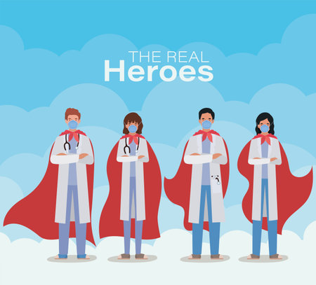 men and women doctors heroes with capes against 2019 ncov virus design of Covid 19 cov infection disease symptoms and medical theme Vector illustrationのイラスト素材