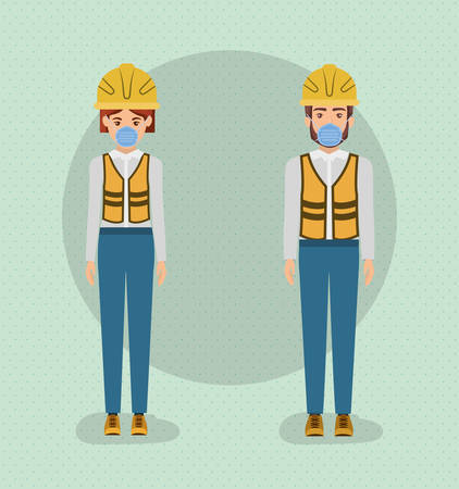 Women builders with masks and helmets against 2019 ncov virus design of Covid 19 cov infection disease symptoms and medical theme Vector illustrationのイラスト素材