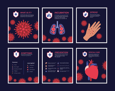 Covid 19 virus icons frames design of 2019 ncov cov coronavirus infection corona epidemic disease symptoms and medical theme Vector illustrationのイラスト素材