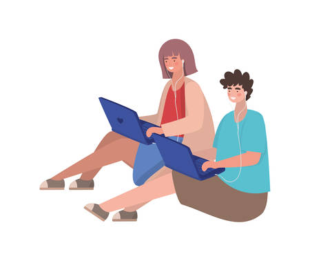 Girl and boy with laptops design, Youth culture people cool person human profile and user theme Vector illustrationのイラスト素材