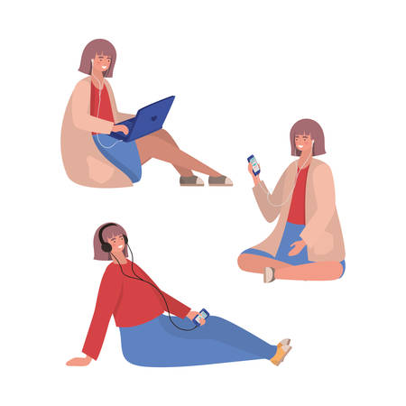 Girls with smartphones and laptop design, Youth culture people cool person human profile and user theme Vector illustrationのイラスト素材