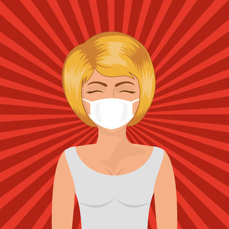 Pop art woman with mask against 2019 ncov virus over striped background design of Covid 19 cov coronavirus and infection theme Vector illustrationのイラスト素材