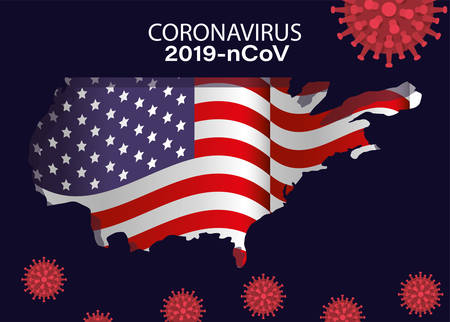 Coronavirus 2019 nCov and usa flag map design of Covid 19 virus cov infection corona epidemic disease symptoms and medical theme Vector illustrationのイラスト素材