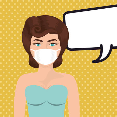 Pop art woman with mask and bubble against 2019 ncov virus over pointed background design of Covid 19 cov coronavirus and infection theme Vector illustrationのイラスト素材