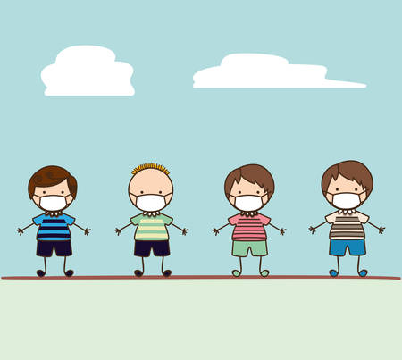 Boys kids with masks against 2019 ncov virus design of Covid 19 cov infection disease symptoms and medical theme Vector illustrationのイラスト素材