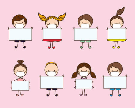 Boys and girls kids with masks and banners against 2019 ncov virus design of Covid 19 cov infection disease symptoms and medical theme Vector illustrationのイラスト素材